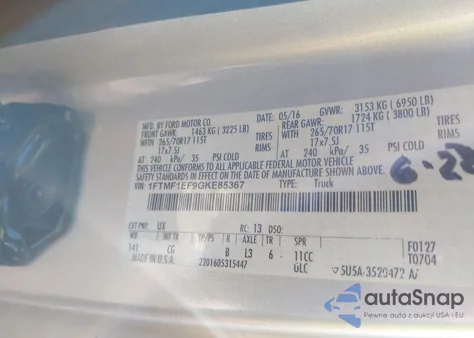 2016 Ford F-150 Xl from USA, damaged, VIN 1FTMF1EF9GKE85367